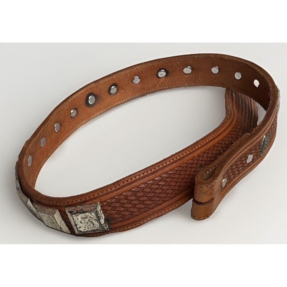 Vintage Circle Y Tooled Woven Western Leather Belt Silver Square Concho 32” 8275
